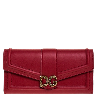 Pre-owned Dolce & Gabbana Red Leather Dg Love Continental Wallet