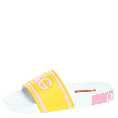 Pre-owned Dolce & Gabbana Yellow/pink Rubber I Love Flat Slides Size 37
