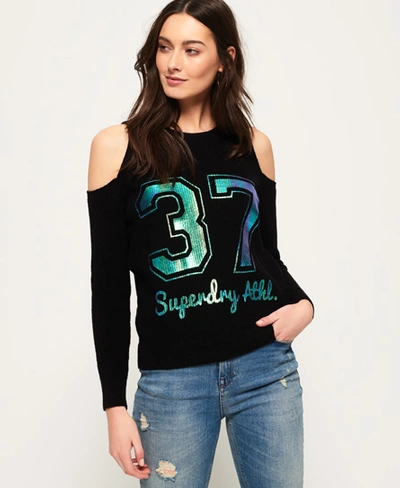 Shop Superdry Beach Club Cold Shoulder Knit Top In Black