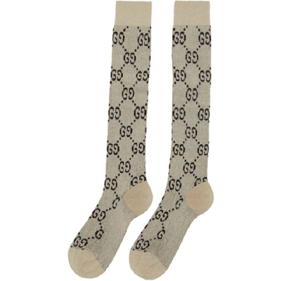 Shop Gucci Off-white & Gold Lamé Gg Socks In 9260 Ivory