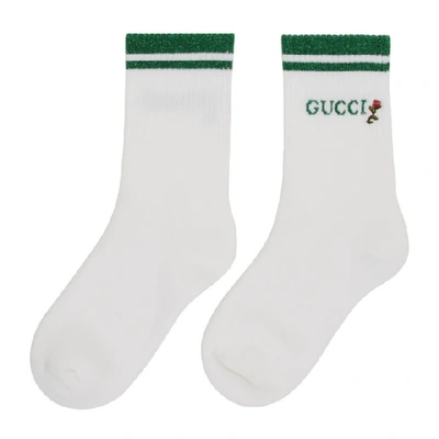 GUCCI 白色 AND 绿色 SHINY PONG 短筒袜