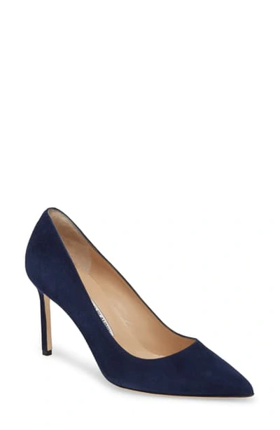 Shop Manolo Blahnik Bb Pointy Toe Pump In Navy Suede