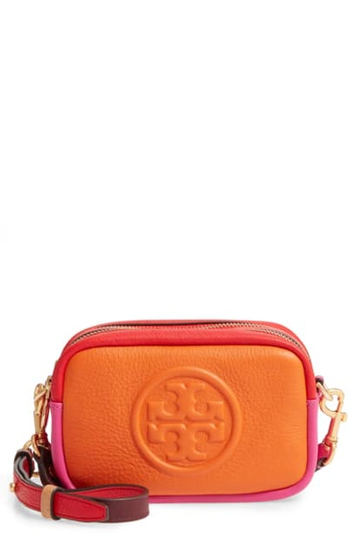 Shop Tory Burch Mini Perry Colorblock Leather Crossbody Bag In Mango / Crazy Pink