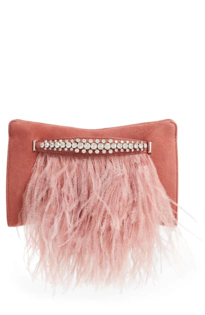 Shop Jimmy Choo Feather Leather Clutch With Crystal Bracelet Handle In Blush