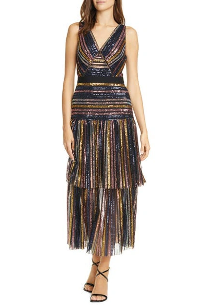 Shop Self-portrait Stripe Sequin Tierd Midi Dress In Multi