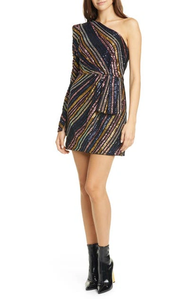 Shop Self-portrait Stripe One-shoulder Sequin Minidress In Black Multi