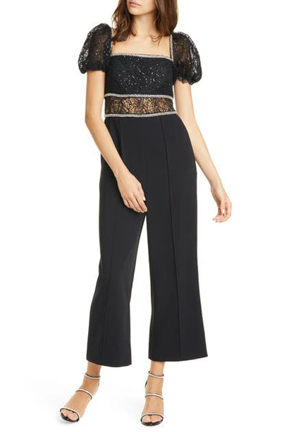 Shop Self-portrait Puff Sleeve Lace Bodice Crop Jumpsuit In Black