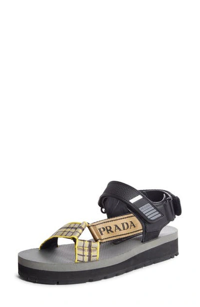 Shop Prada Logo Sandal In Black/ Yellow