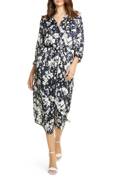 Shop Joie Emmalyn Floral Satin Midi Shirtdress In Midnight