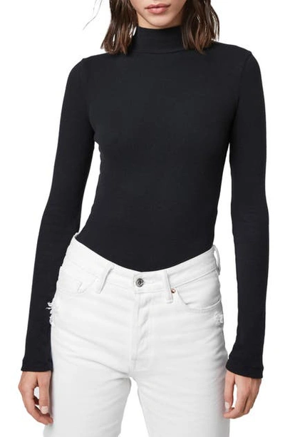 Shop Allsaints Raffi Roll Neck Cotton Blend Bodysuit In Black