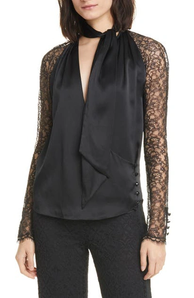 Shop Jonathan Simkhai Lace Sleeve Silk Wrap Top In Black