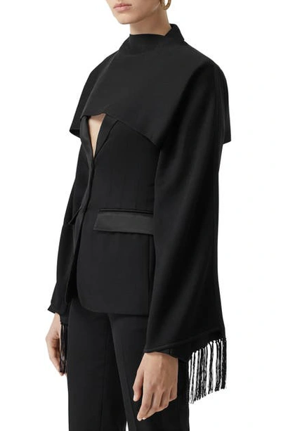 Shop Burberry Fringe Silk Capelet In Black / White