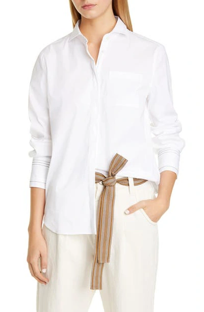 Shop Brunello Cucinelli Monili Stripe Cuff Stretch Poplin Shirt In White