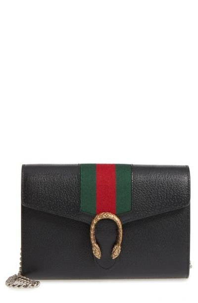 Shop Gucci Web Stripe Leather Wallet On A Chain In Black/ Vert Red Vert