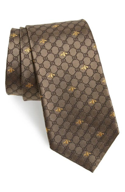 Shop Gucci Gg Bee Silk Tie In Beige Dk Brown