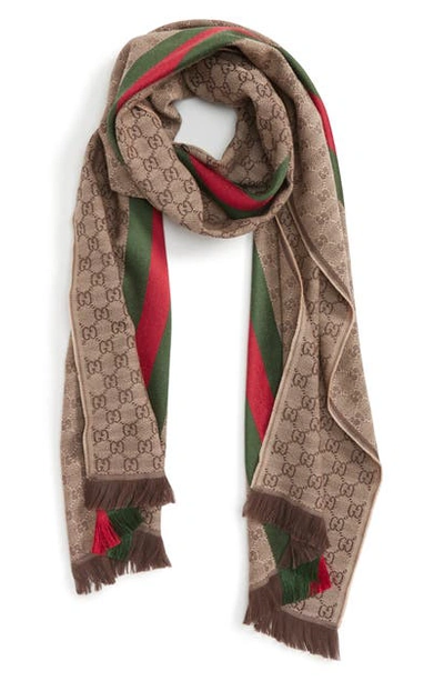 Shop Gucci Verbier Wool & Silk Scarf In Light Brown/ Dark Green