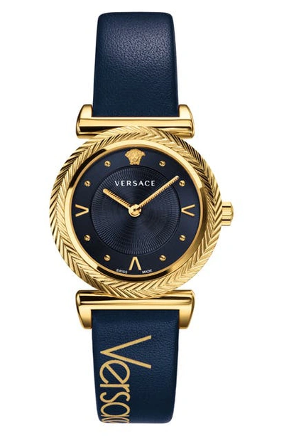 Shop Versace V Motif Leather Strap Watch, 35mm In Navy Blue/ Gold