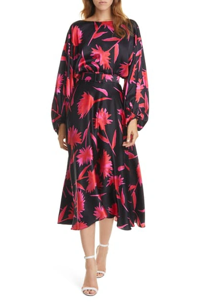 Shop Saloni Kim Silk Dress In Noir Carnation Large