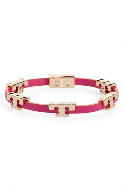 Shop Tory Burch T-logo Single Wrap Bracelet In Tory Gold / Pink / Orange