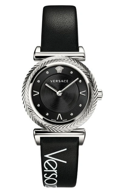Shop Versace V Motif Leather Strap Watch, 35mm In Black/ Silver