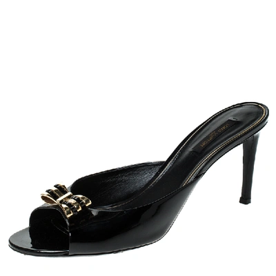 Pre-owned Louis Vuitton Black Patent Leather Bow Slides Sandals Size 39.5