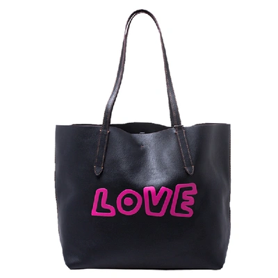 Pre-owned Coach Black Leather Keith Haring Love Shopper Tote