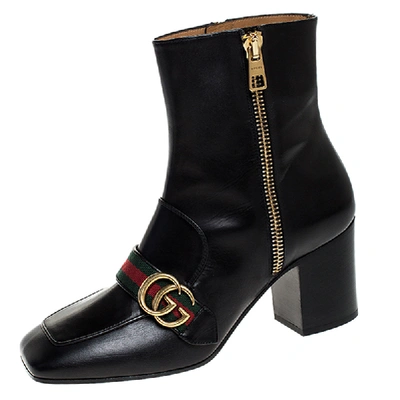 Pre-owned Gucci Black Leather Gg Web Detail High Ankle Boots Size 40
