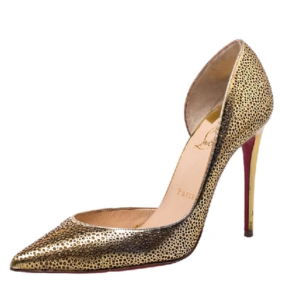 Pre-owned Christian Louboutin Metallic Light Gold Laser Cut Leather And Glitter Galu D'orsay Pointed Toe Pumps Size 37