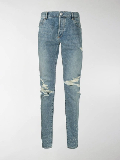 Shop Balmain Ripped Skinny Jeans In Blue