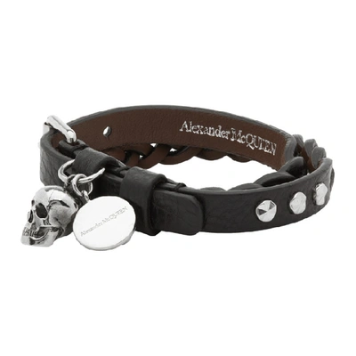Shop Alexander Mcqueen Black Braided Leather Wrap Bracelet