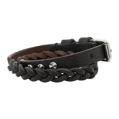 Shop Alexander Mcqueen Black Braided Leather Wrap Bracelet