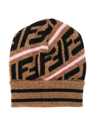 Shop Fendi Ff Knitted Beanie In Brown