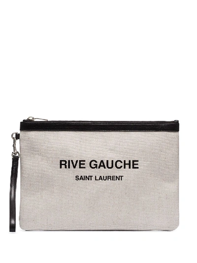 Shop Saint Laurent Cream Rive Gauche Leather Canvas Pouch In Neutrals