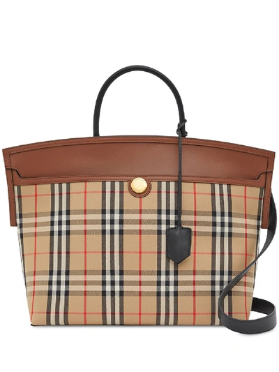 Shop Burberry Society Vintage Check Tote Bag In Neutrals