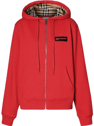 Shop Burberry Vintage Check Zipped Hoodie In Red