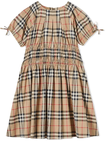 Shop Burberry Ruched Panel Vintage Check Dress In Neutrals