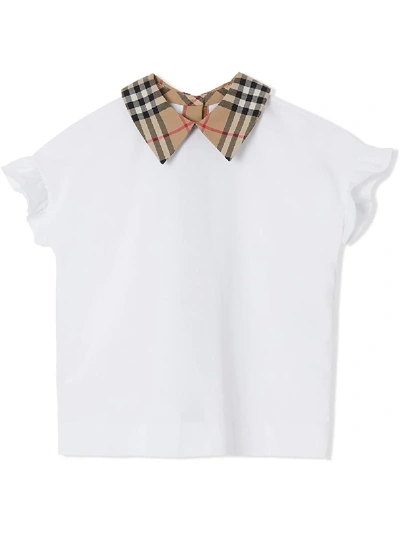 Shop Burberry Vintage Check Detail Ruffled Sleeve Cotton T-shirt In White