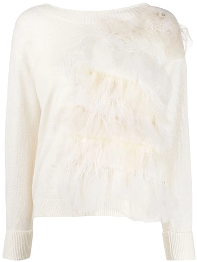 Shop Twinset Long Sleeve Ruffled Trim Jumper In White