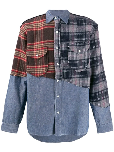 Shop Ermanno Gallamini Patchwork Flannel And Denim Shirt In Grey