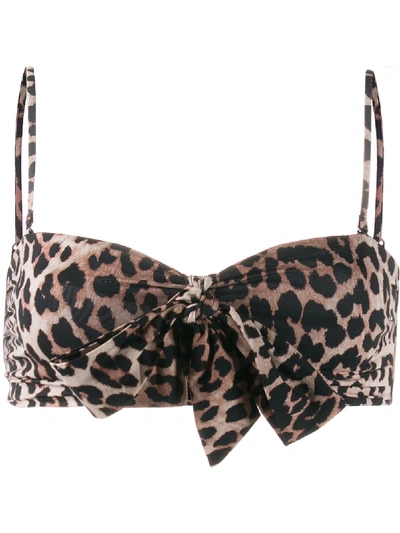 Shop Ganni Bow Leopard-print Bikini Top In Neutrals