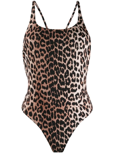 Shop Ganni Leopard Print Bathing Suit In Neutrals
