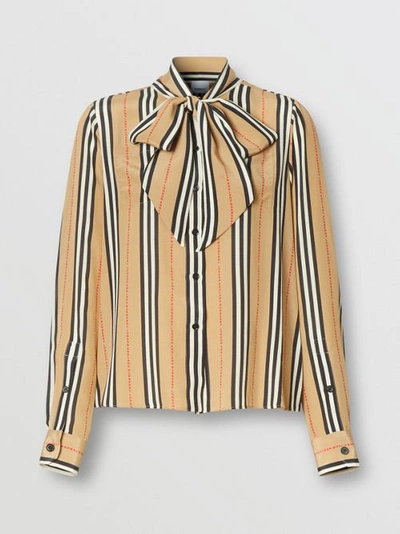 Shop Burberry Logo Print Icon Stripe Silk Chiffon Pussy-bow Blouse In Archive Beige