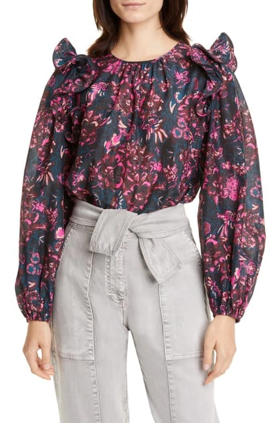 Shop Ulla Johnson Medine Floral Balloon Sleeve Cotton Blend Blouse In Midnight