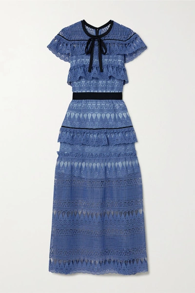 Shop Self-portrait Daphne Grosgrain-trimmed Ruffled Guipure Lace Midi Dress In Azure