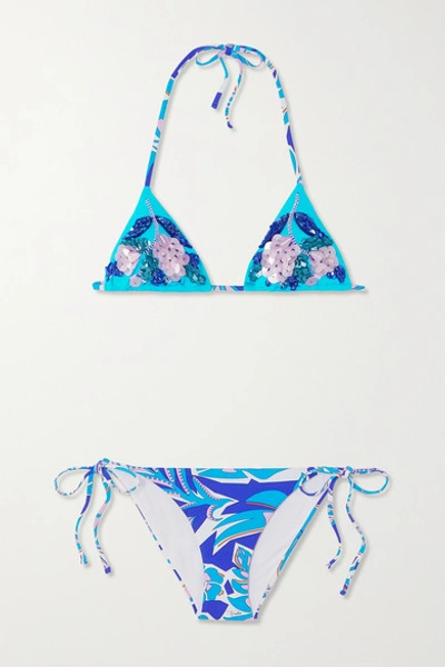 Shop Emilio Pucci Embellished Floral-print Triangle Bikini In Azure