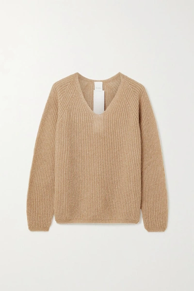 Shop Max Mara Leisure Posato Metallic Ribbed Open-knit Sweater In Camel