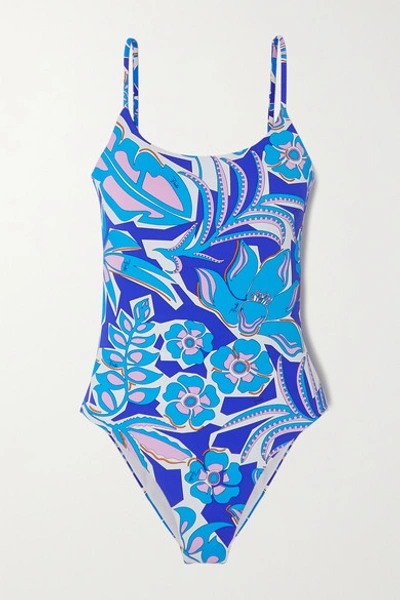 Shop Emilio Pucci Samoa Sequin-embellished Belted Floral-print Swimsuit In Azure