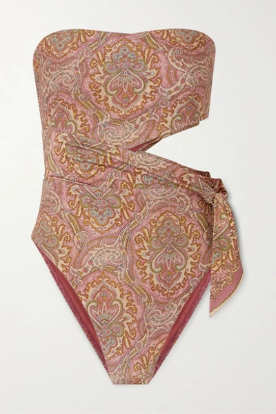 Shop Zimmermann Freja Tie-detailed Cutout Paisley-print Bandeau Swimsuit In Brown