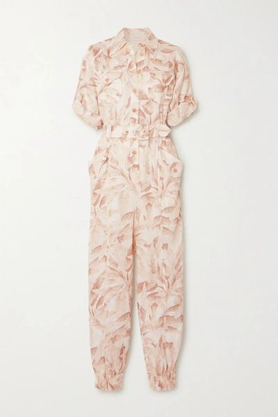 Shop Zimmermann Super Eight Belted Printed Linen Jumpsuit In Ivory