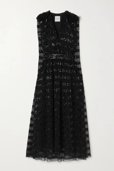 Shop Halpern Ruffled Sequin-embellished Pleated Tulle Midi Dress In Black